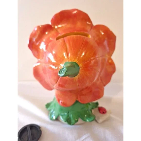 Flower Girl Fairy King Max Piggy Bank Ceramic 6 3/4" Orange Red Green - Picture 3 of 9